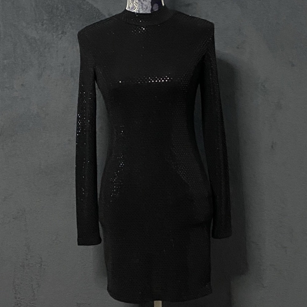 Elodie Dress Womens S Black Sequin Mock Neck Long Sleeve Bodycon LBD Party